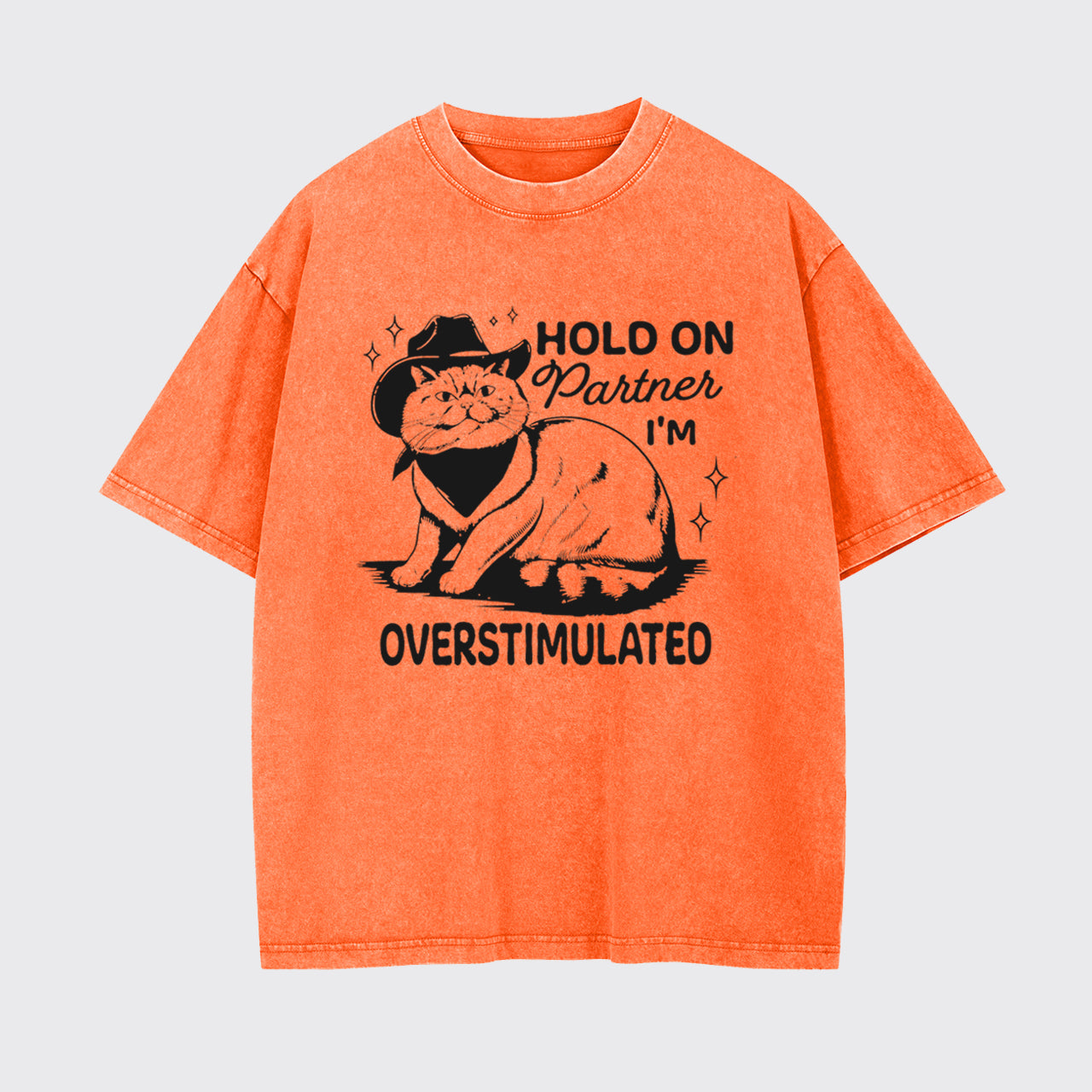 Funny Sarcastic Cat 90s Hold On Partner I'm Overstimulated Garment-dye Tees