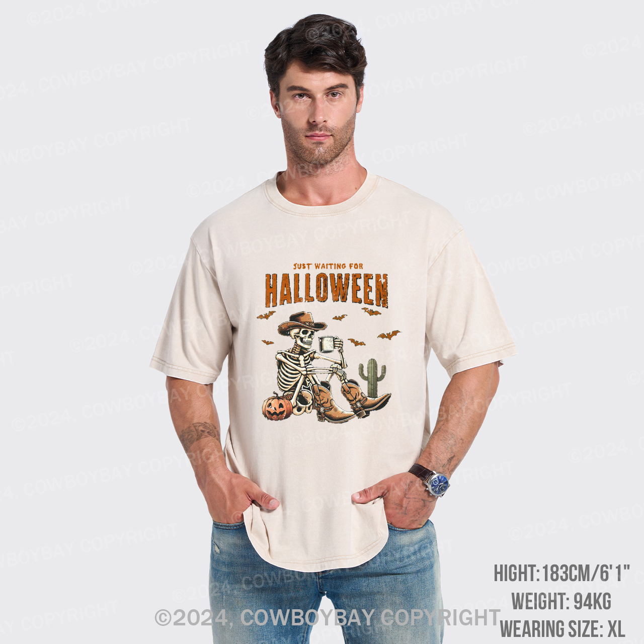 Western Skeleton Waiting for Halloween Garment-dye Tees