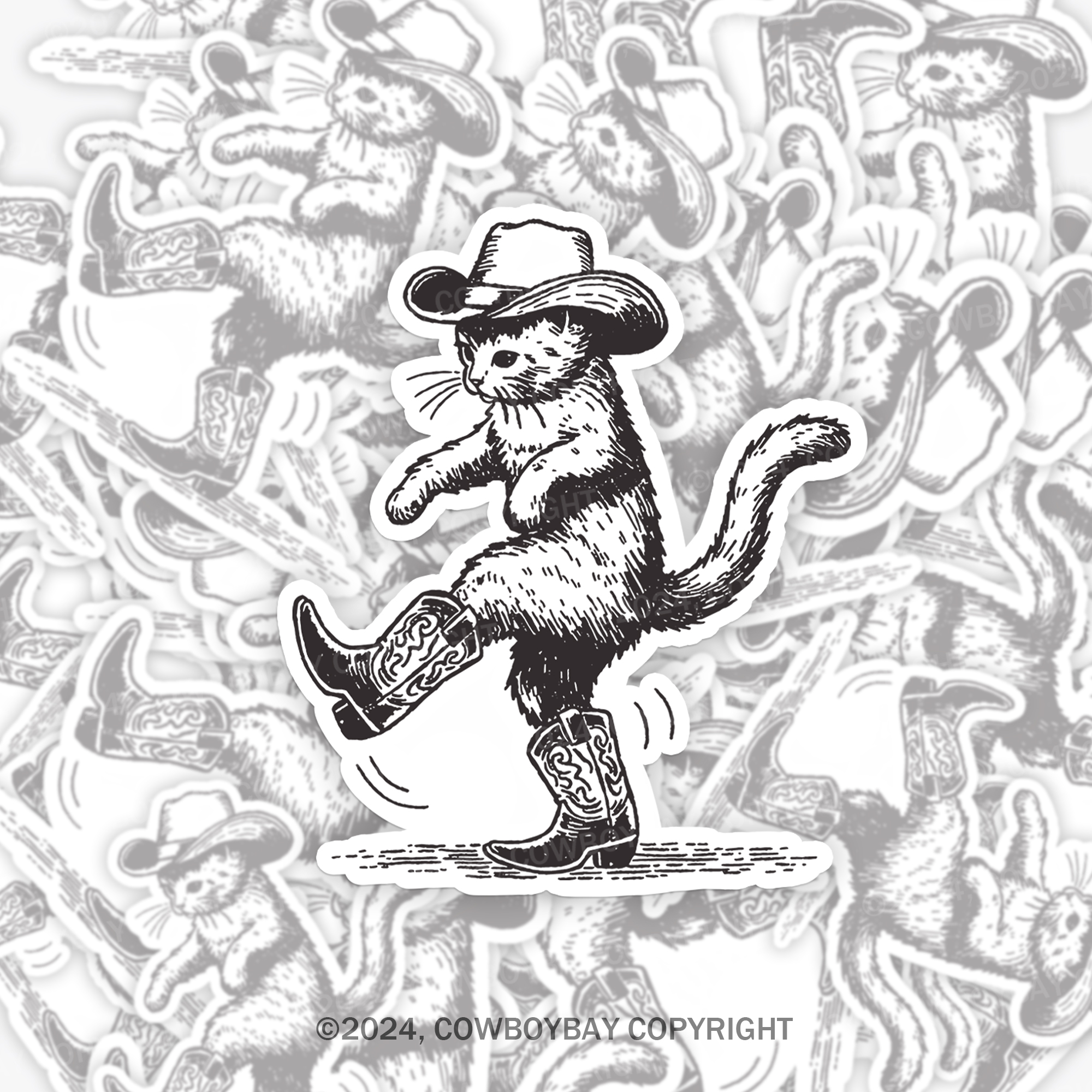 Cowboy Cat Looking for Fish Sticker 