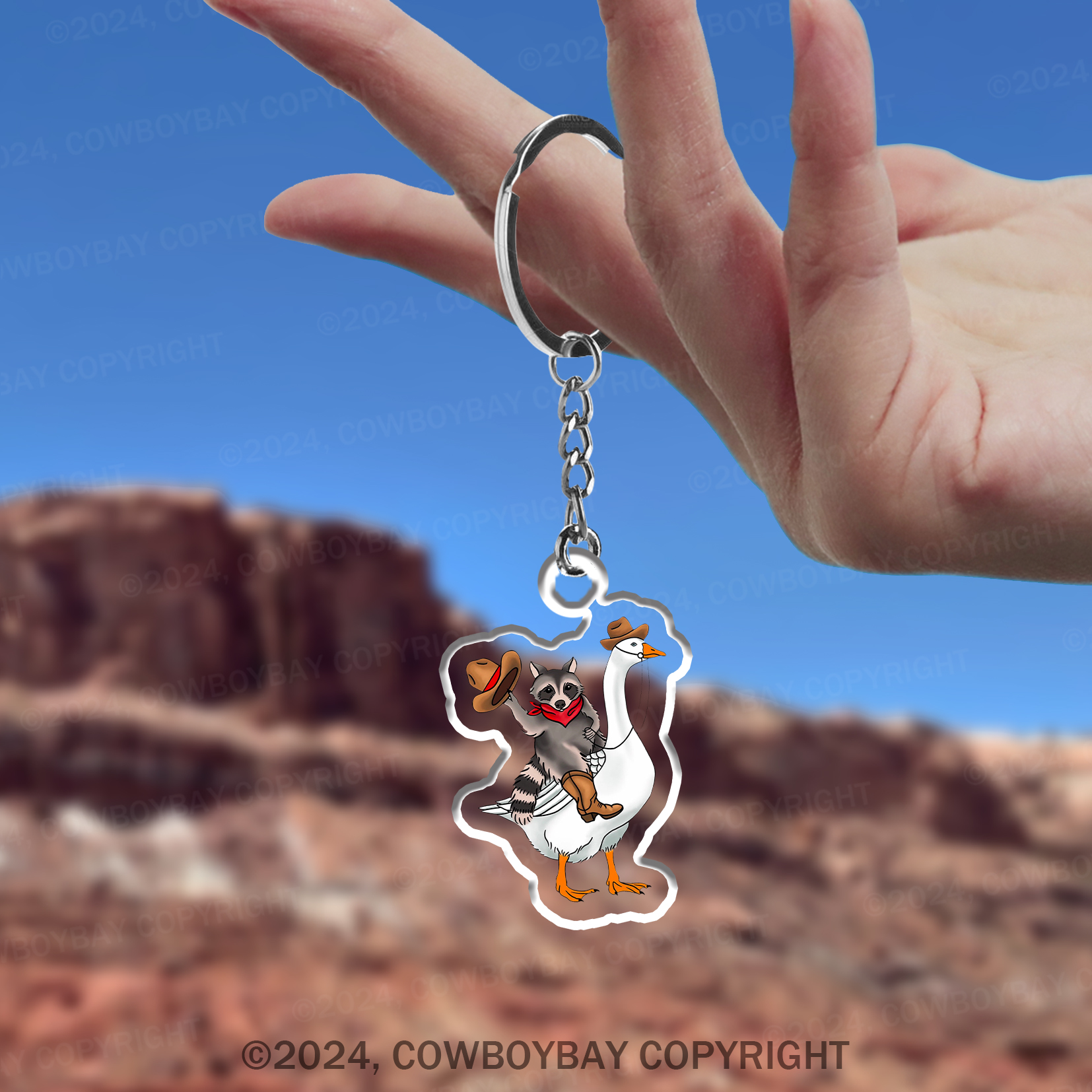 Cowboy Raccoon On A Goose Keychain
