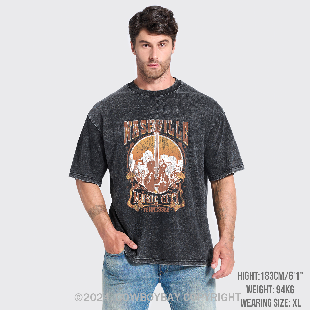 Nashville Music City Vintage Guitar Garment-dye Tees