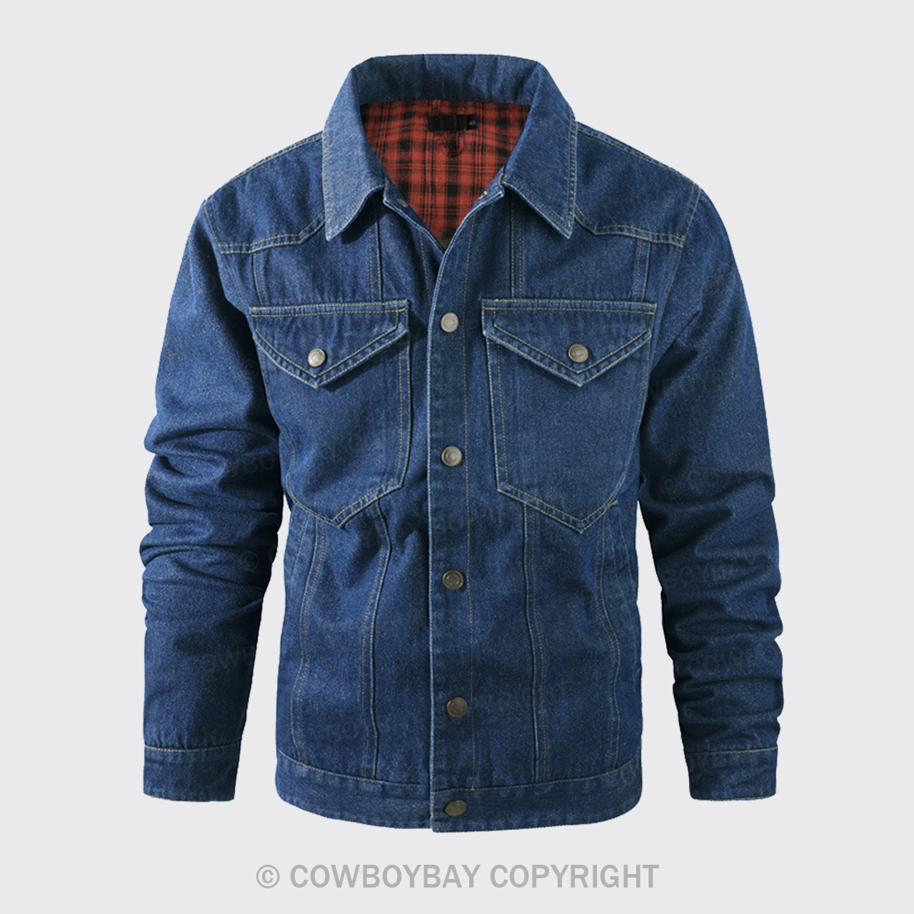 Western Plaid Dark Blue Flannel Denim Jacket