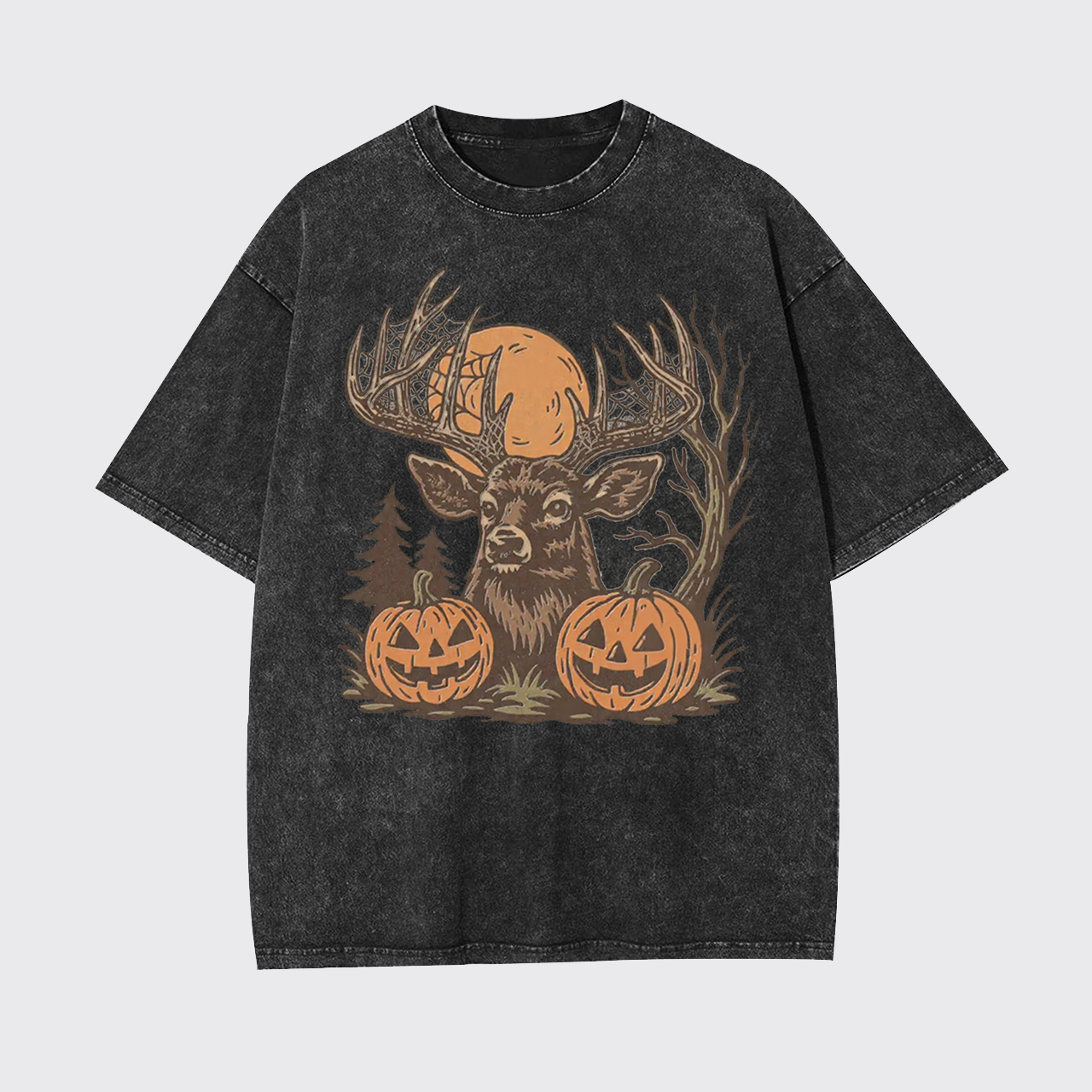 Spooky Forest Buck With Pumpkins Garment-dye Tees