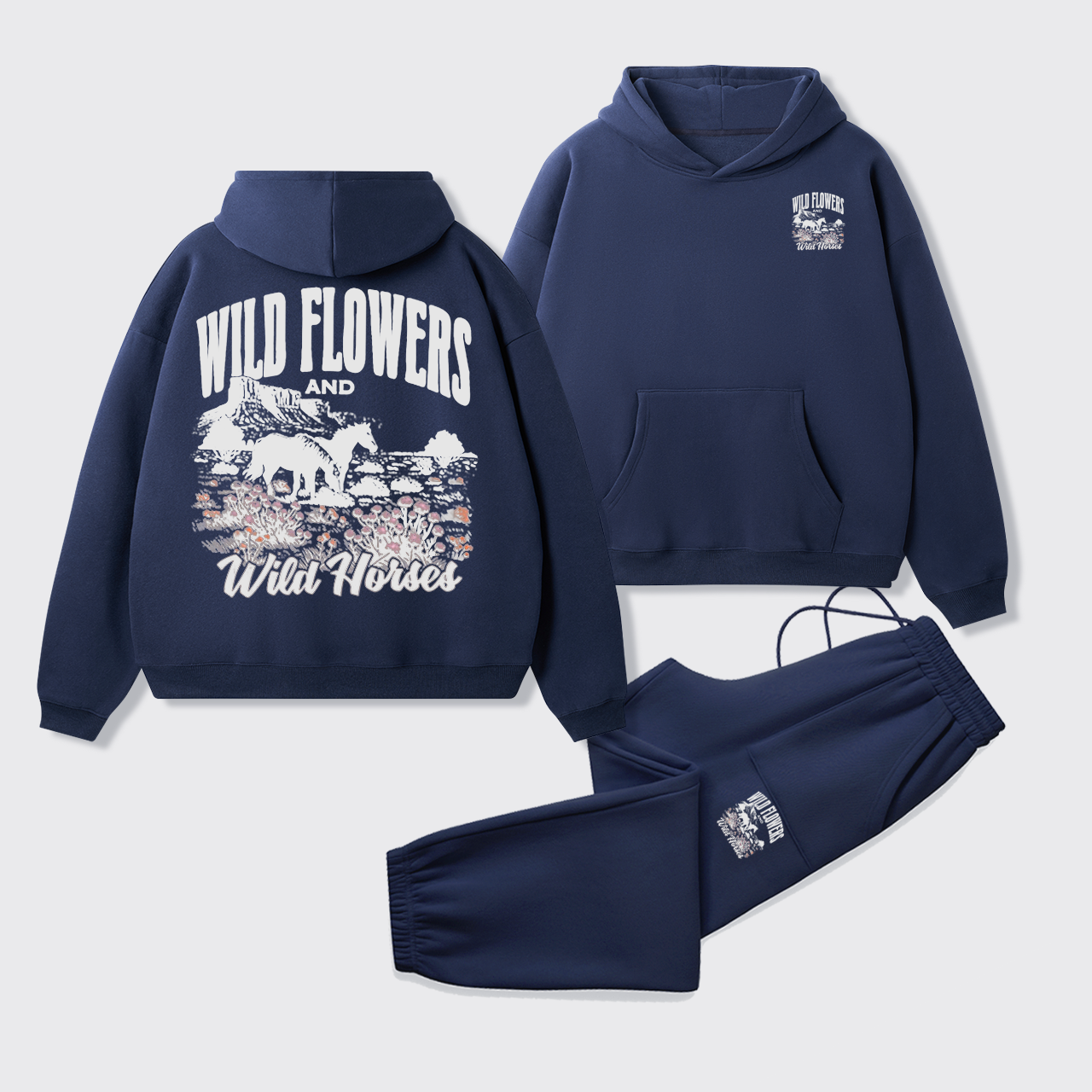 Retro Western Wildflower Wild Horses Fleece Hoodie Set