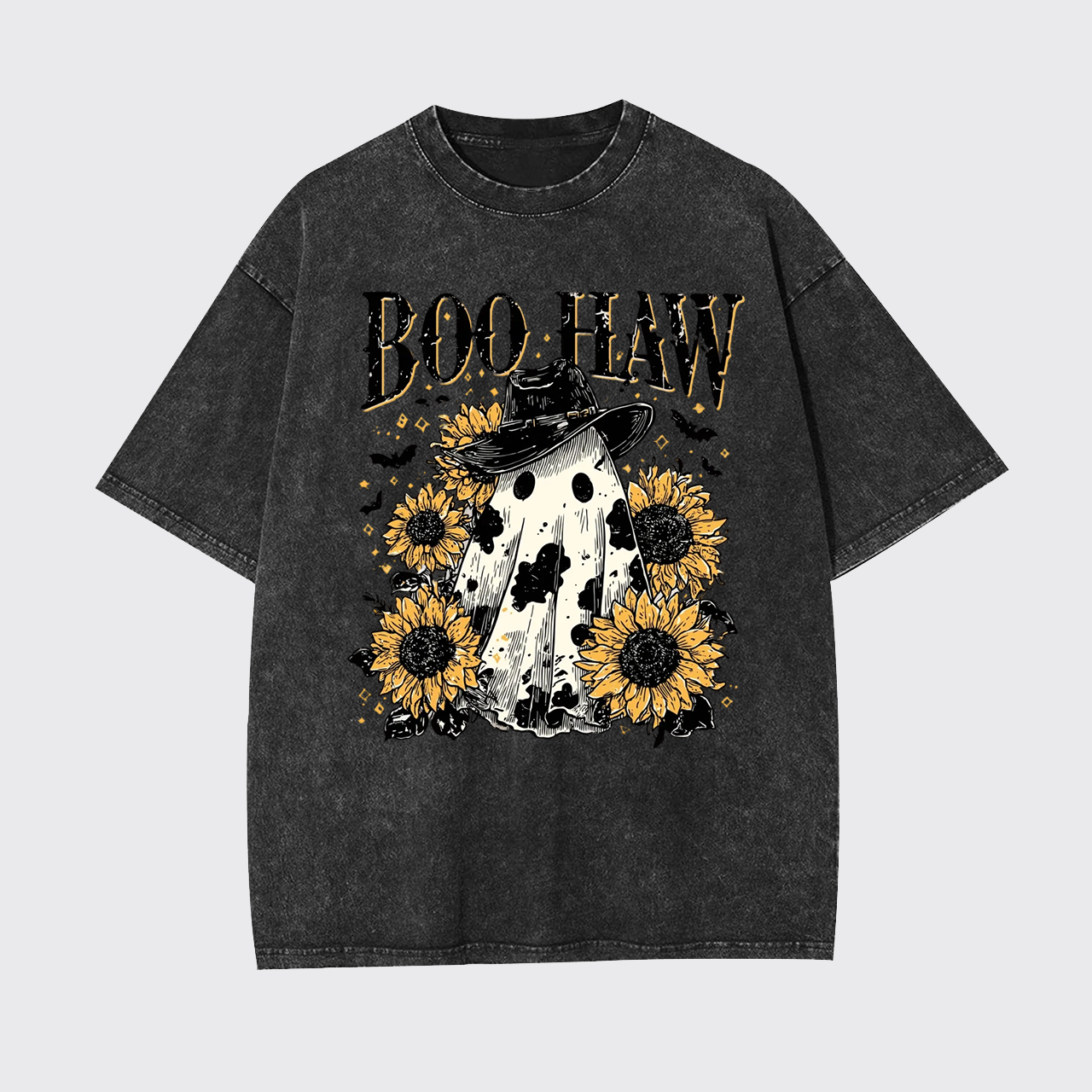 Boo Haw Cow Spot Ghost Western Halloween Garment-dye Tees