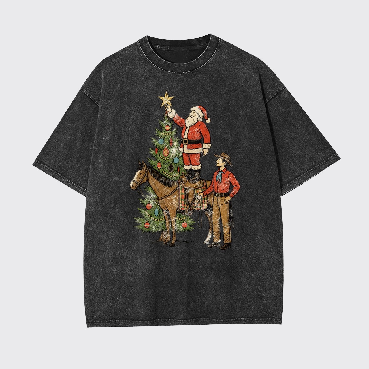 Vintage Santa and Cowboy Christmas Tree Garment-dye Tees