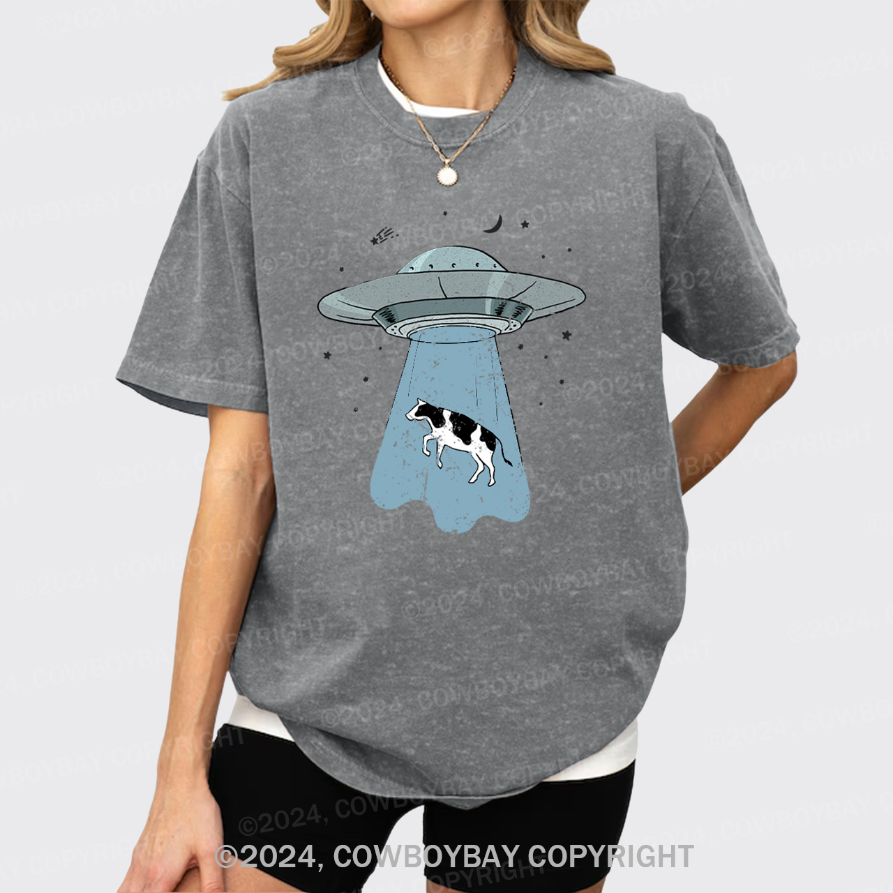 Funny UFO Alien Cow Garment-dye Tees
