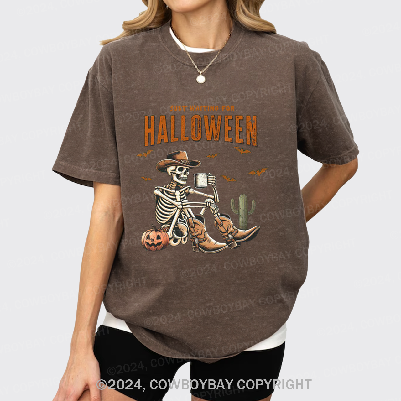 Western Skeleton Waiting for Halloween Garment-dye Tees