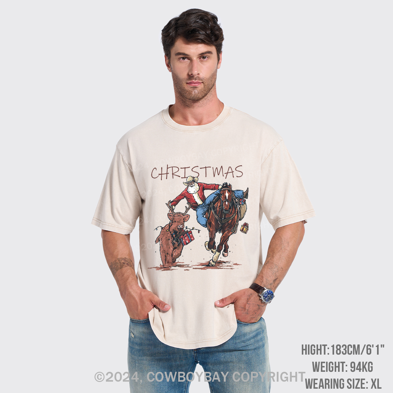 Cowboy Santa Claus Bullfight Garment-dye Tees