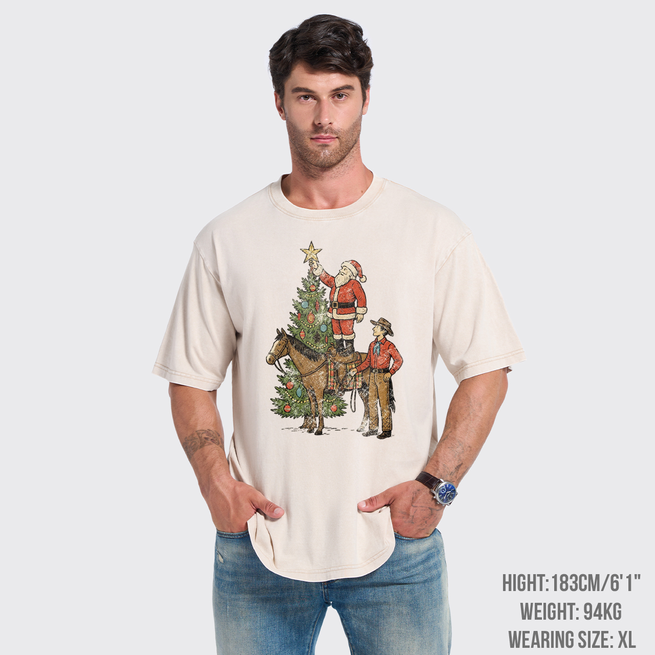 Vintage Santa and Cowboy Christmas Tree Garment-dye Tees