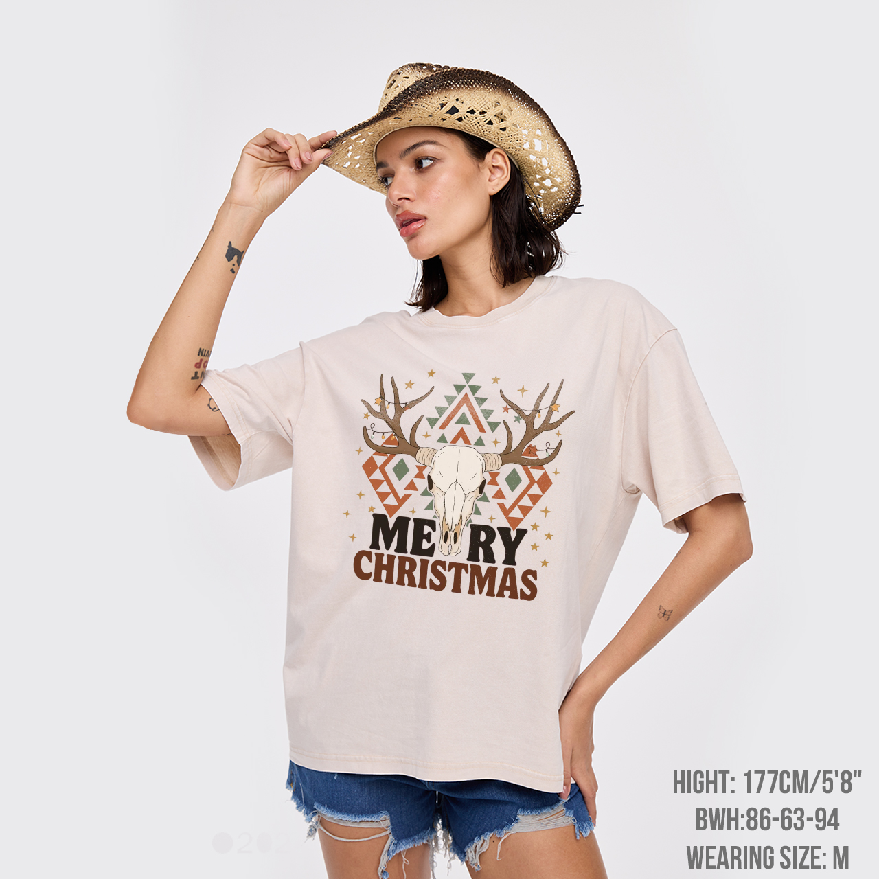 Western Christmas Bull Skull Garment-dye Tees
