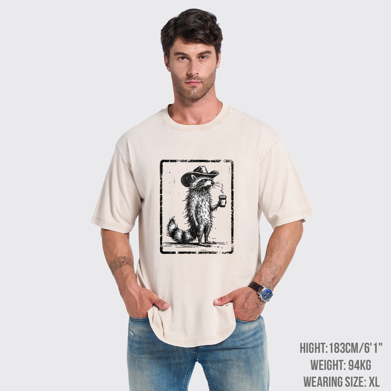 Tired Raccoon Coffee Cowboy Garment-dye Tees