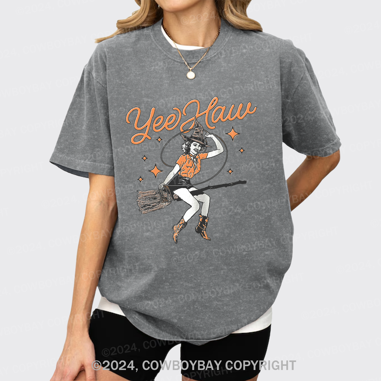 Yee Haw Vintage Halloween Cowgirl Witch Garment-dye Tees