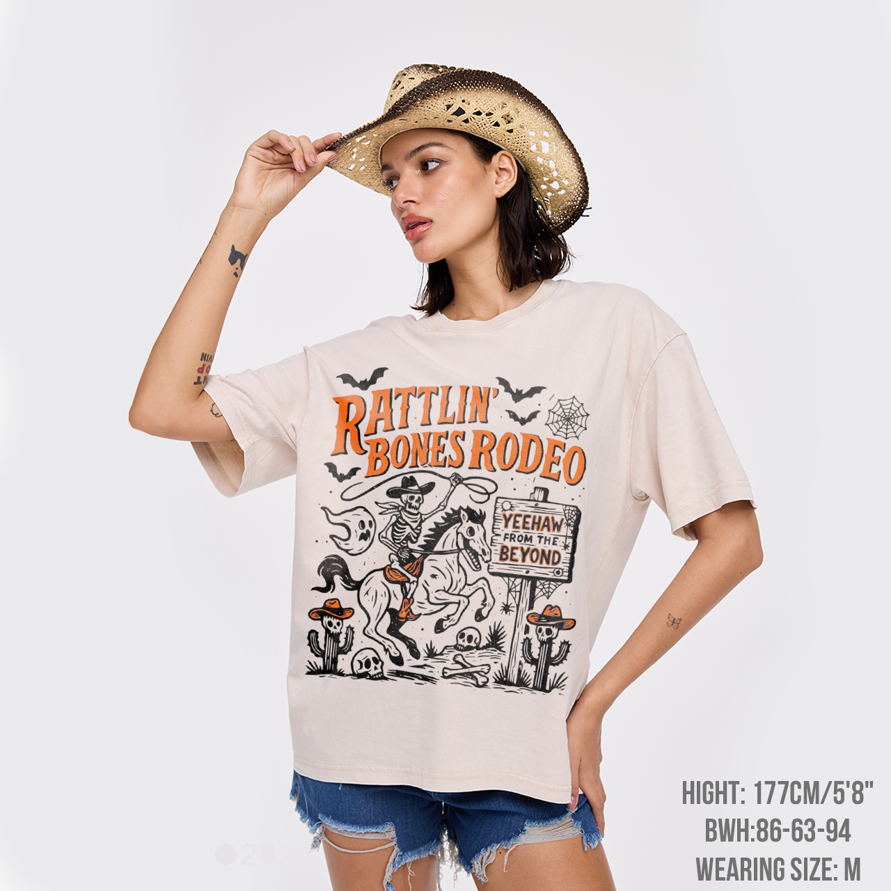 Rattlin' Bones Rodeo Skeleton Cowboy Halloween Garment-dye Tees