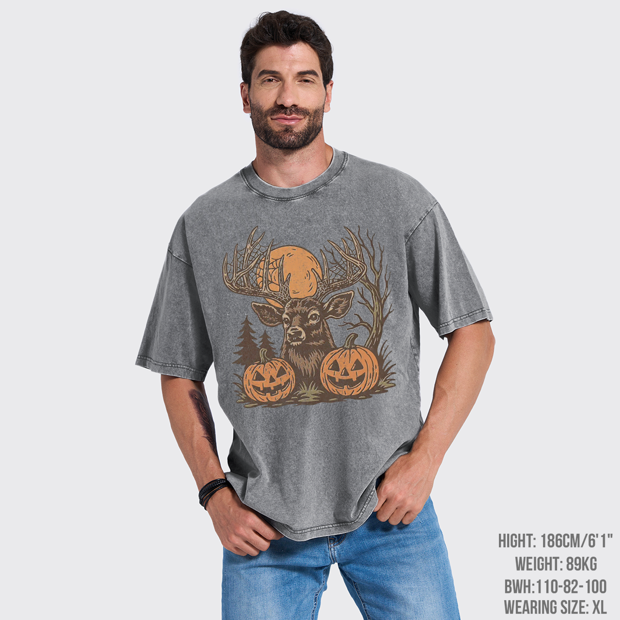 Spooky Forest Buck With Pumpkins Garment-dye Tees