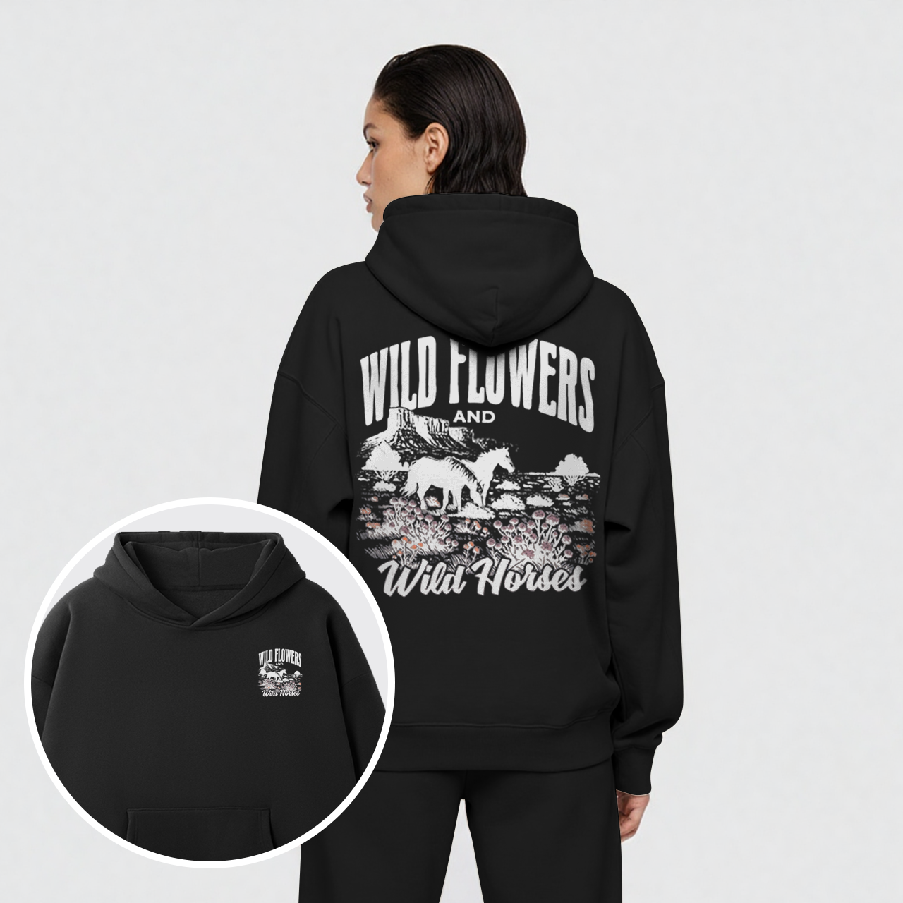 Retro Western Wildflower Wild Horses Fleece Hoodie Set