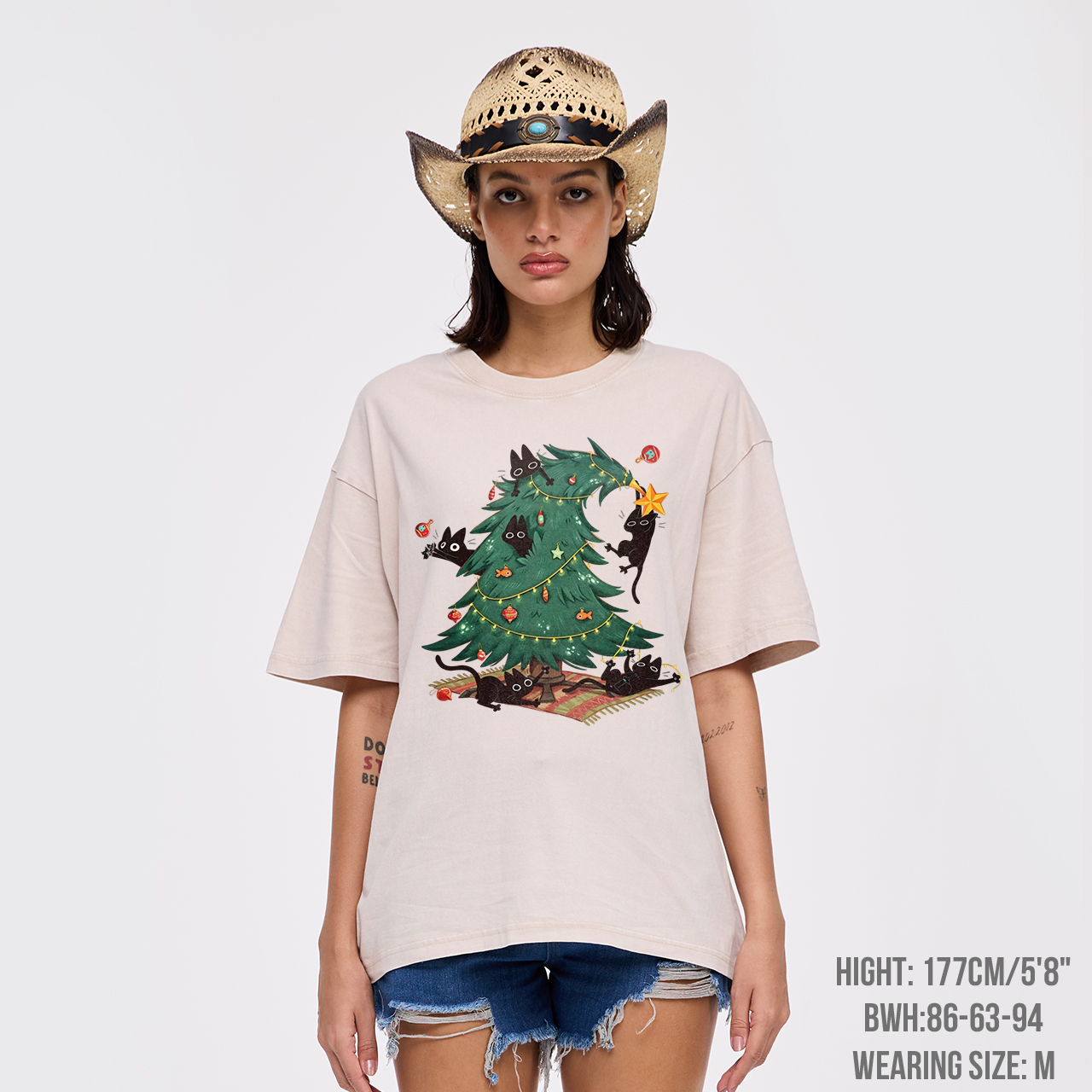 Christmas Tree And Black Cat Garment-dye Tees