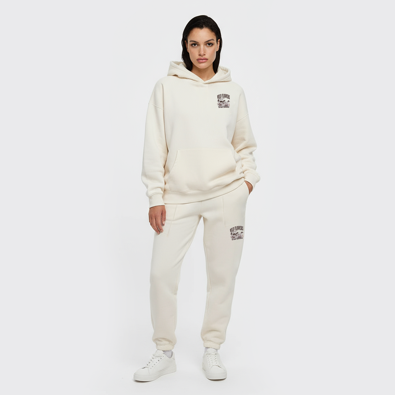 Retro Western Wildflower Wild Horses Fleece Hoodie Set