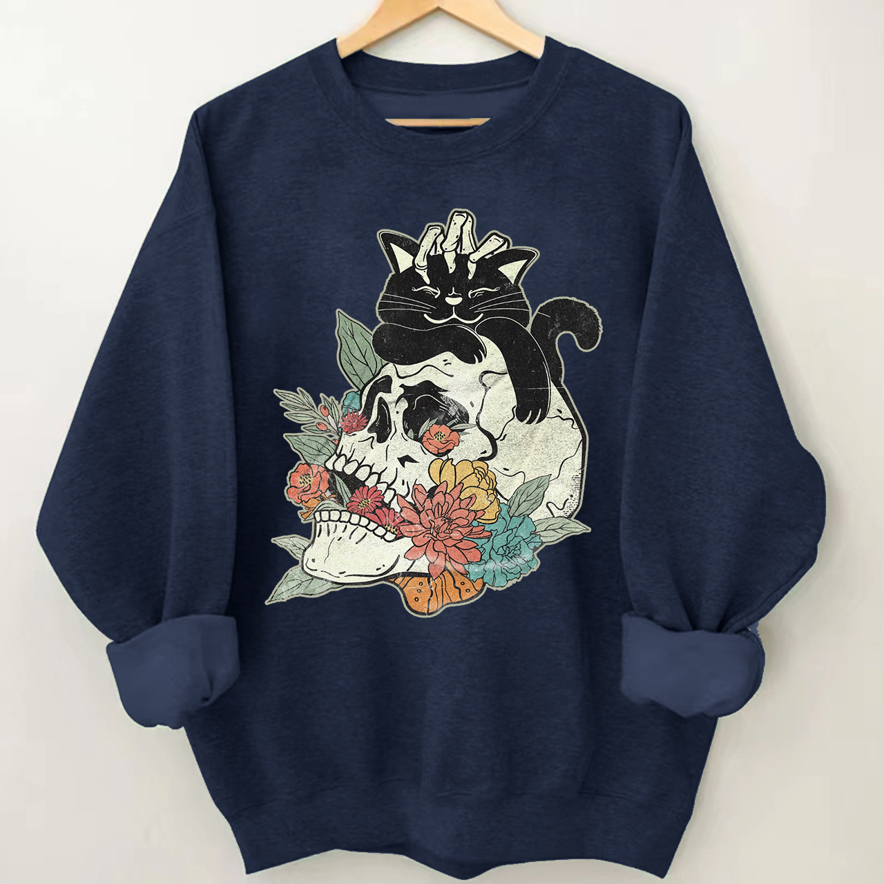 Black Cat On Flower Skull Fall Halloween Sweatshirt