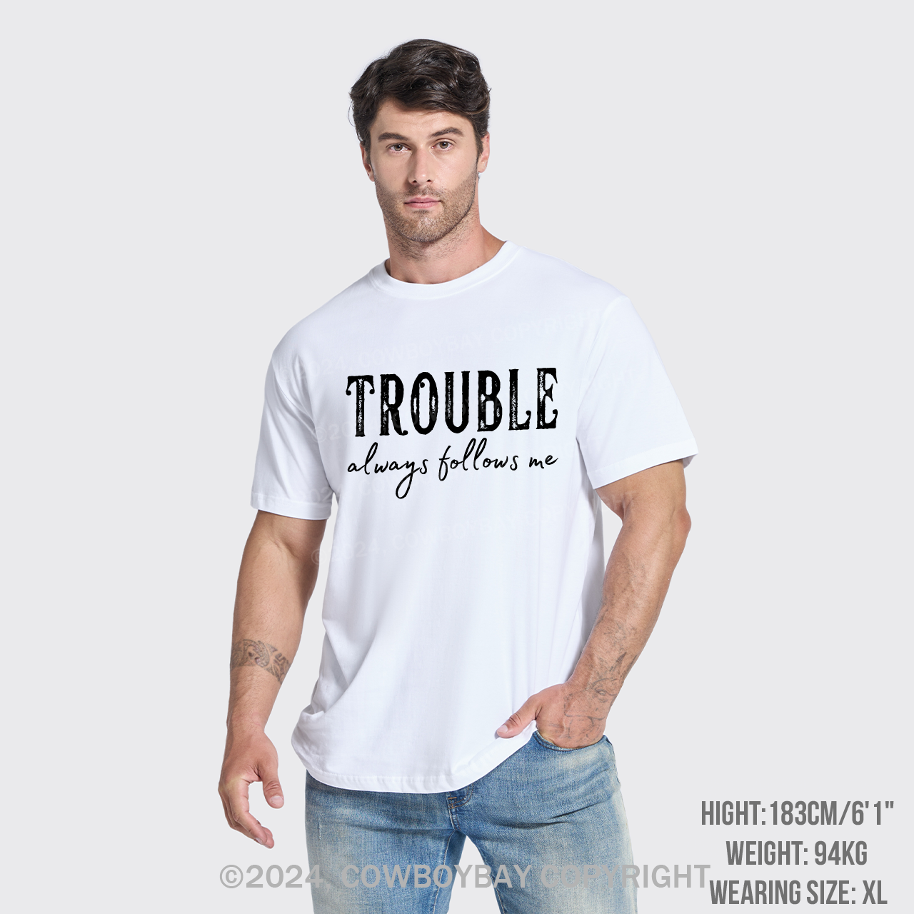 Trouble Follows Me Couples T-Shirts