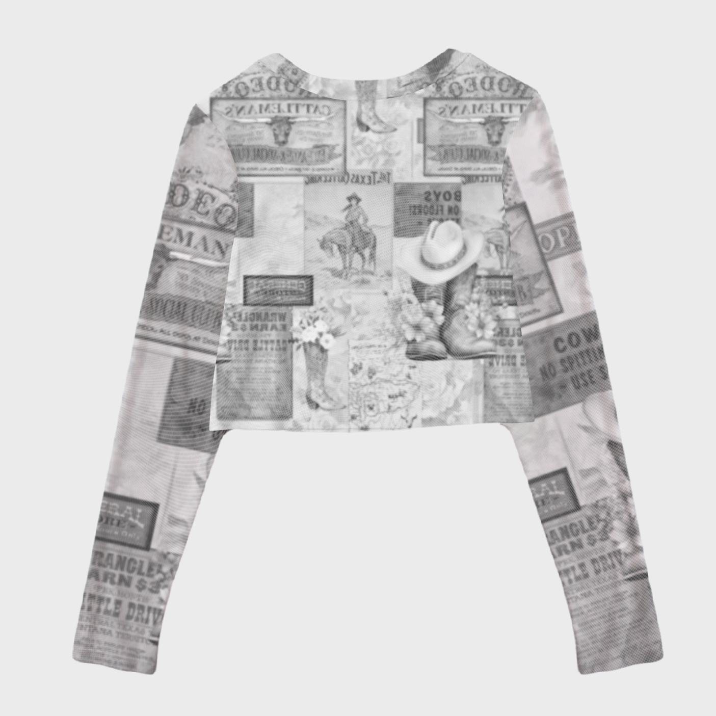 Retro Western Element Collage Print Mesh Crop Long Sleeves