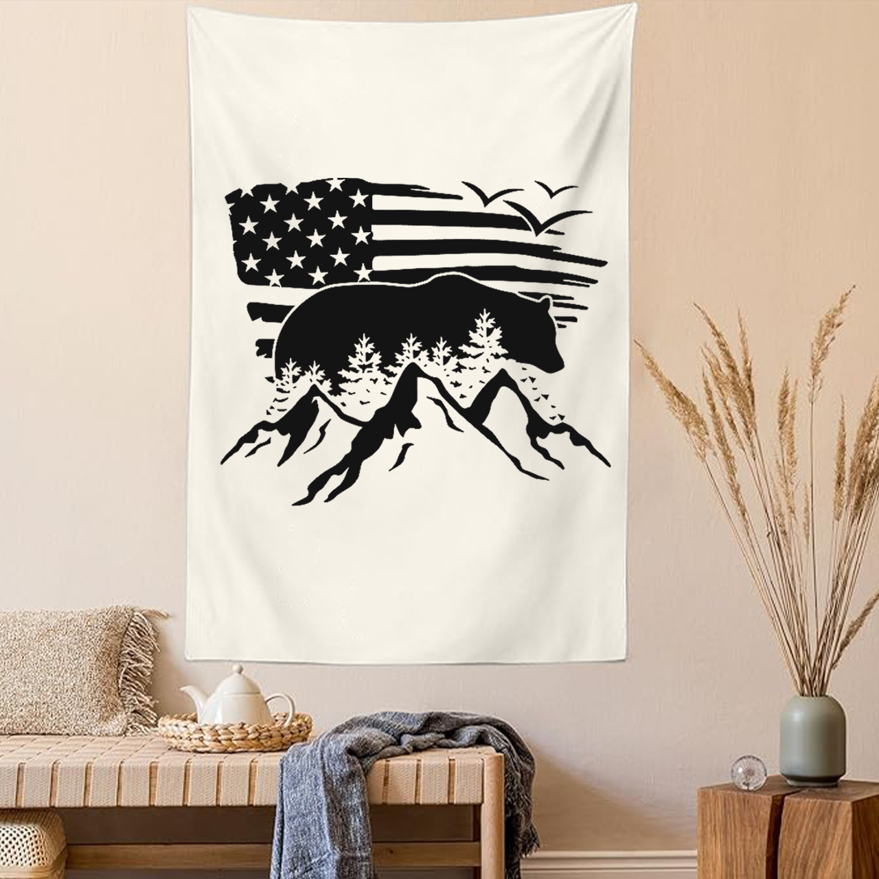 Bear Mountain American Flag Cowboy Wall Tapestry