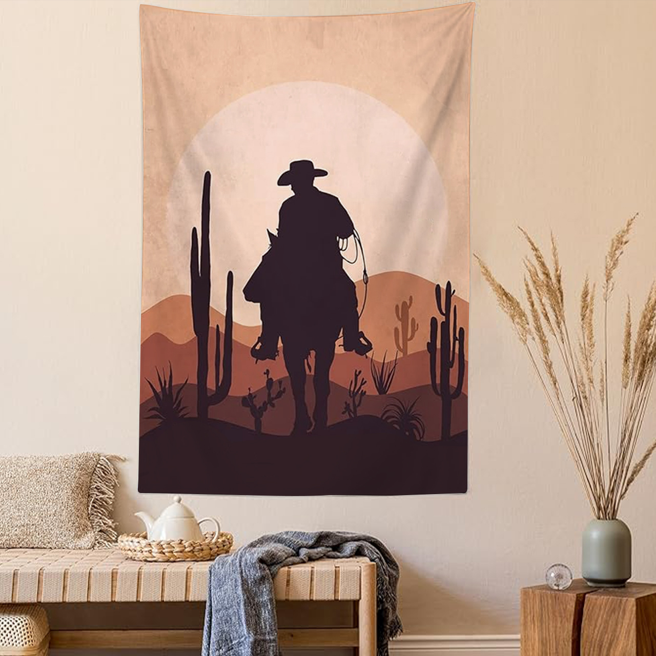 Country Cowboy Riding Horse in Wild West Tapestry