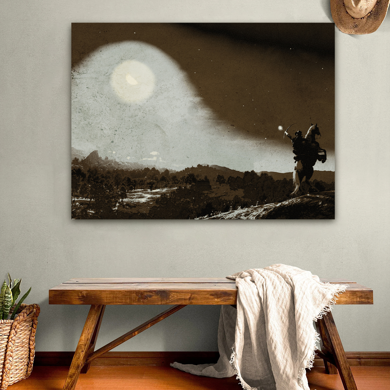 Brave Cowboy Destroys the Moon Canvas Wall Art
