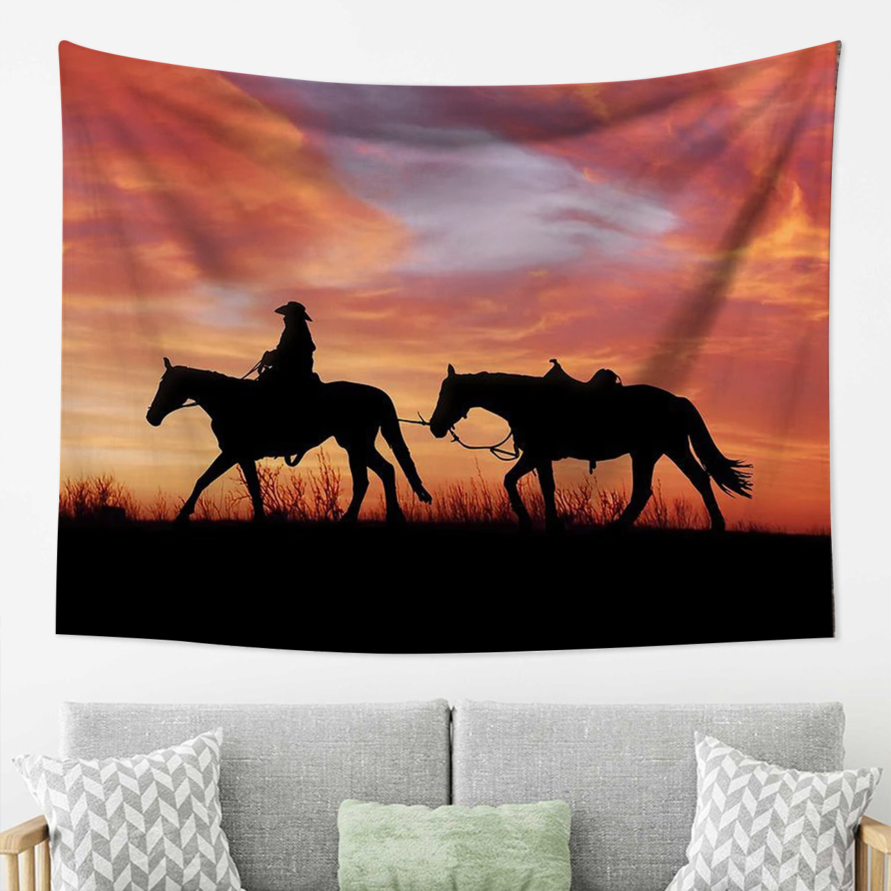 Cowboy Riding Horse tapestry for Bathroom Red Sunset Desert