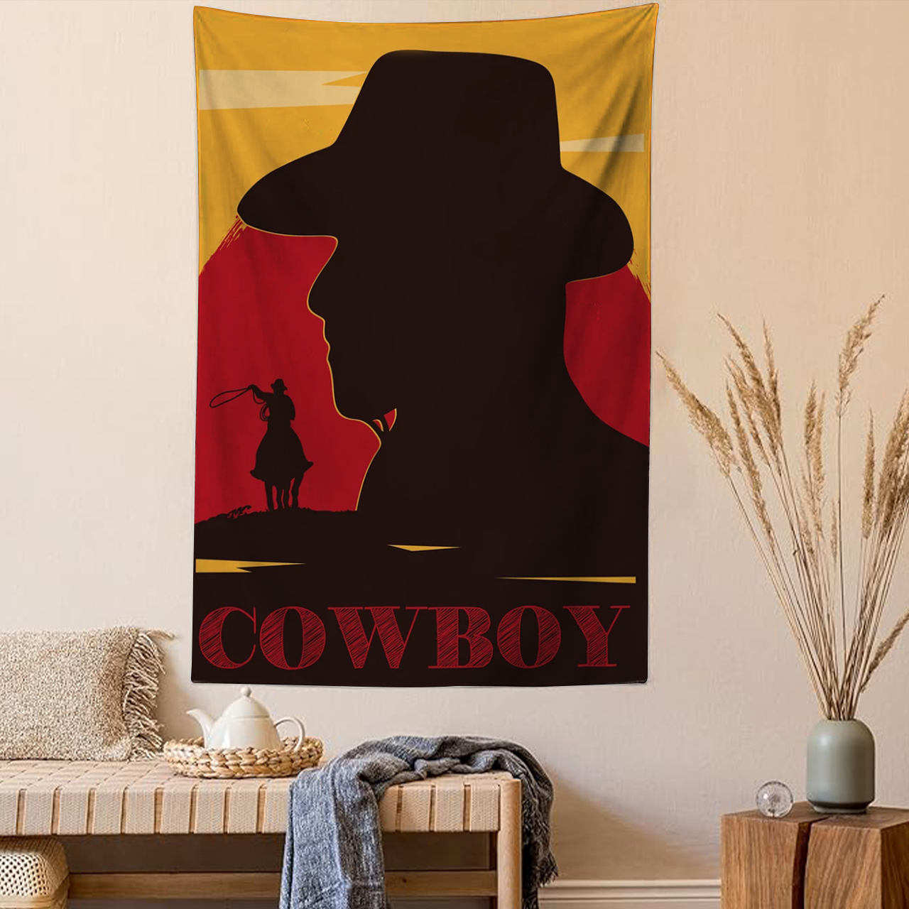 Cowboy Riding Horse in Wild West Tapestry