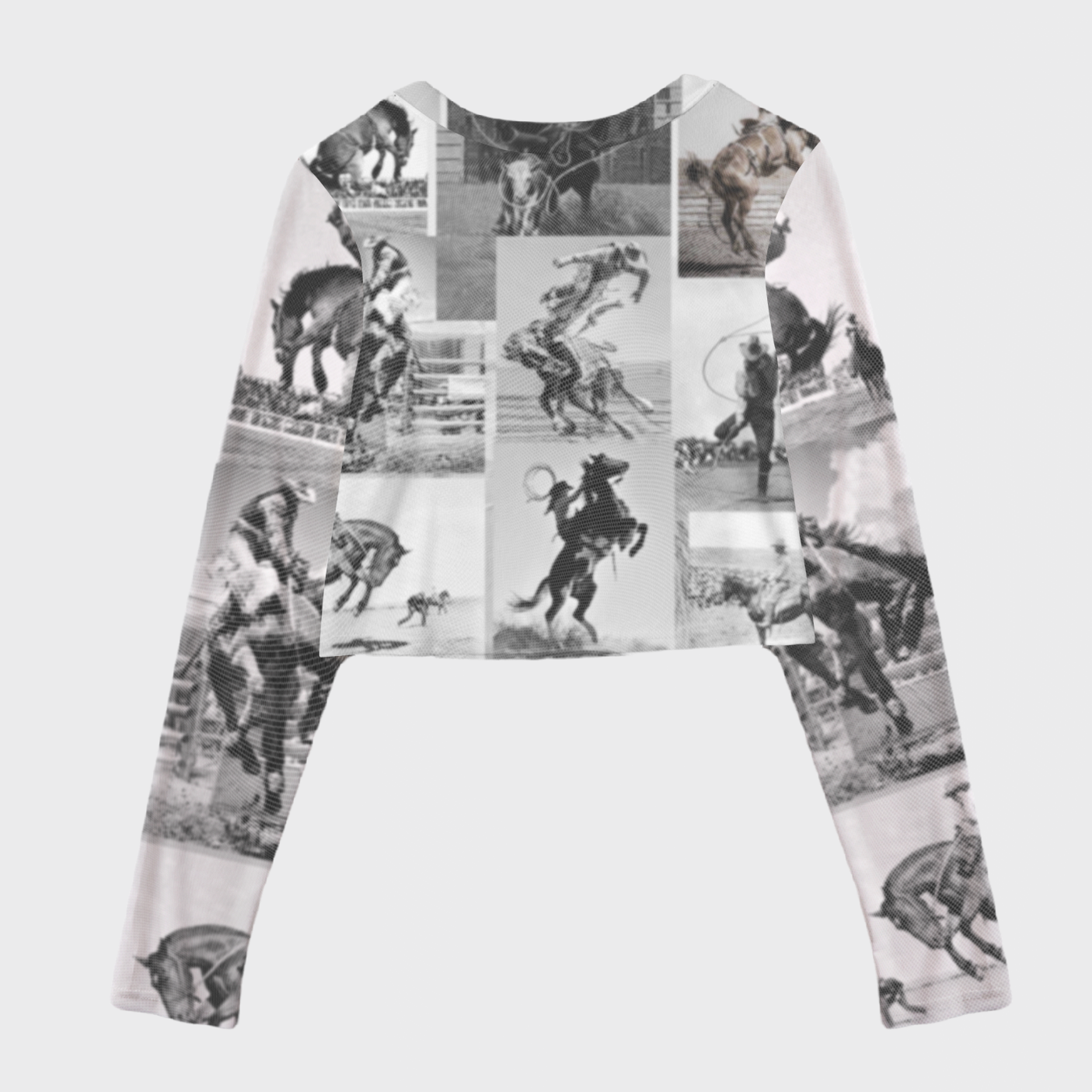 Black And White Rodeo Puzzle Print Mesh Crop Long Sleeves