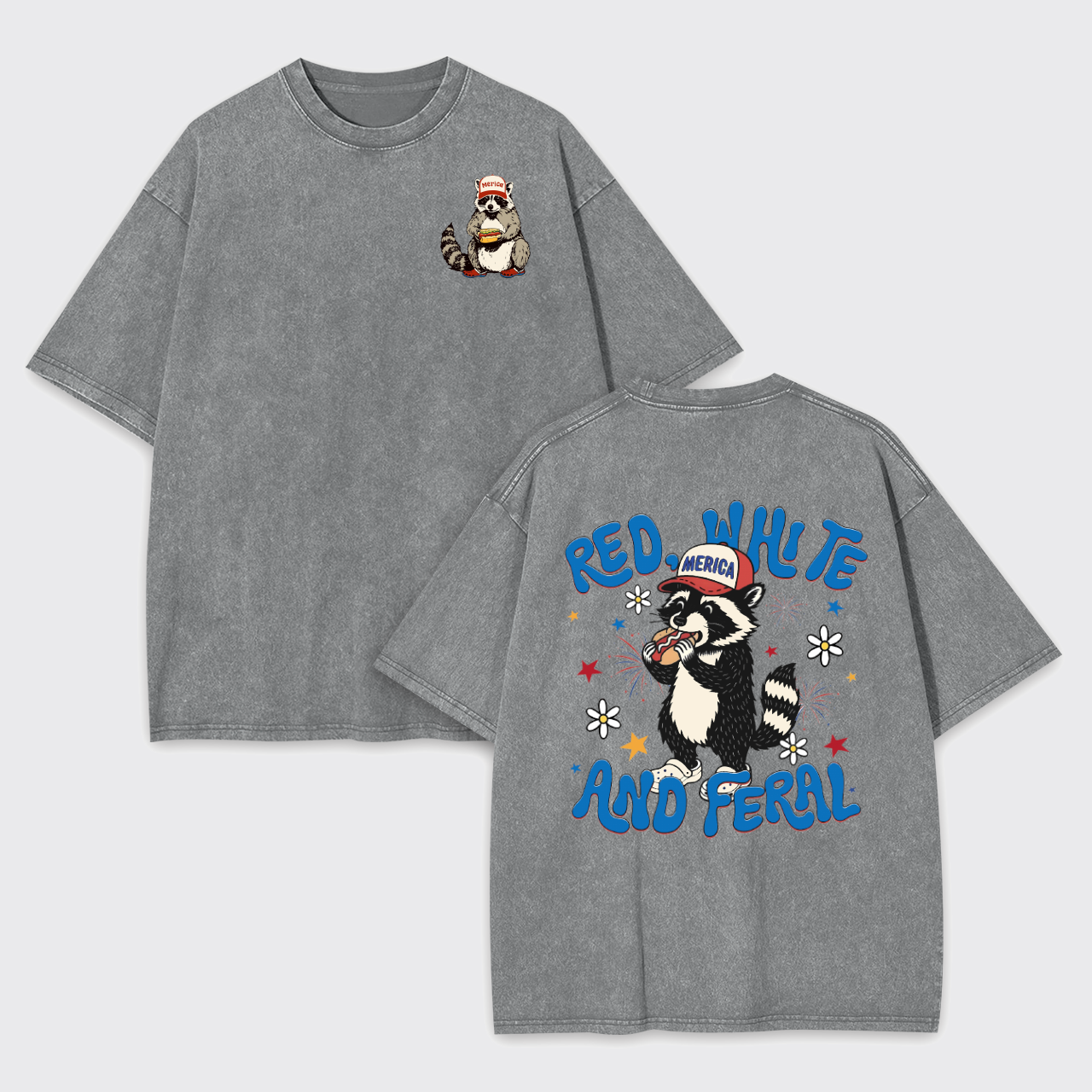 Funny Raccoon-Red White And Feral Garment-dye Tees