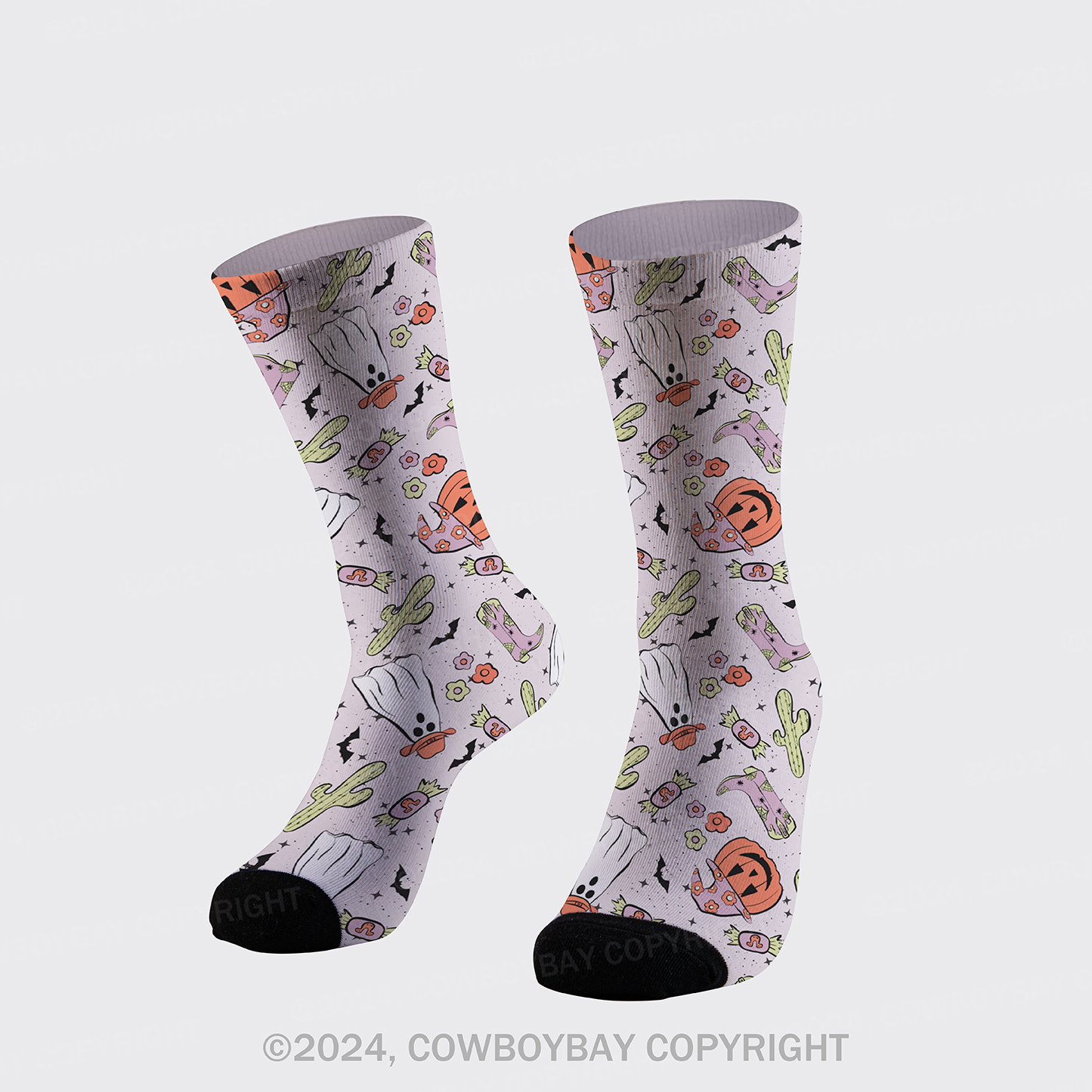 Western Spooky Cactus And Ghosts Printed Cotton Socks
