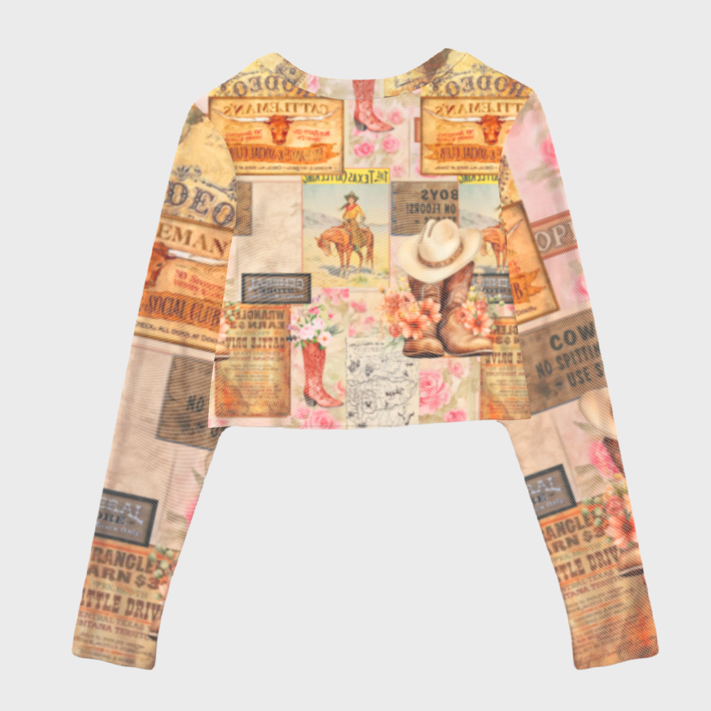 Retro Western Element Collage Print Mesh Crop Long Sleeves