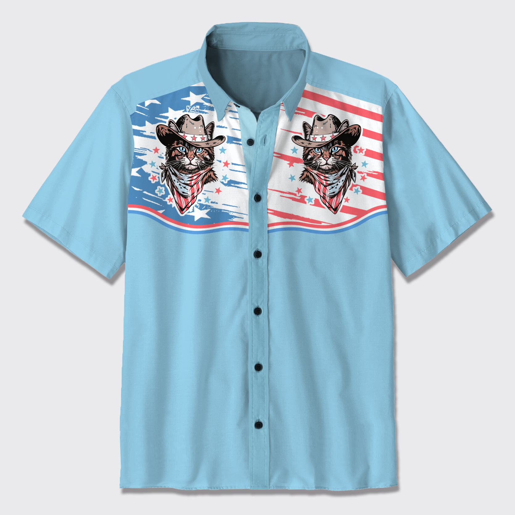 Independence Day-Cowboy Cat With Flag Button Up Shirts