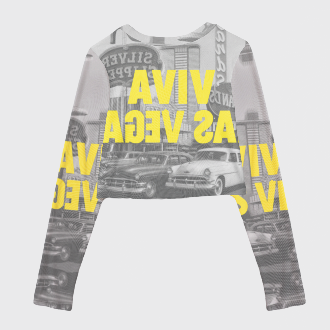 Retro Las Vegas Print Mesh Crop Long Sleeves