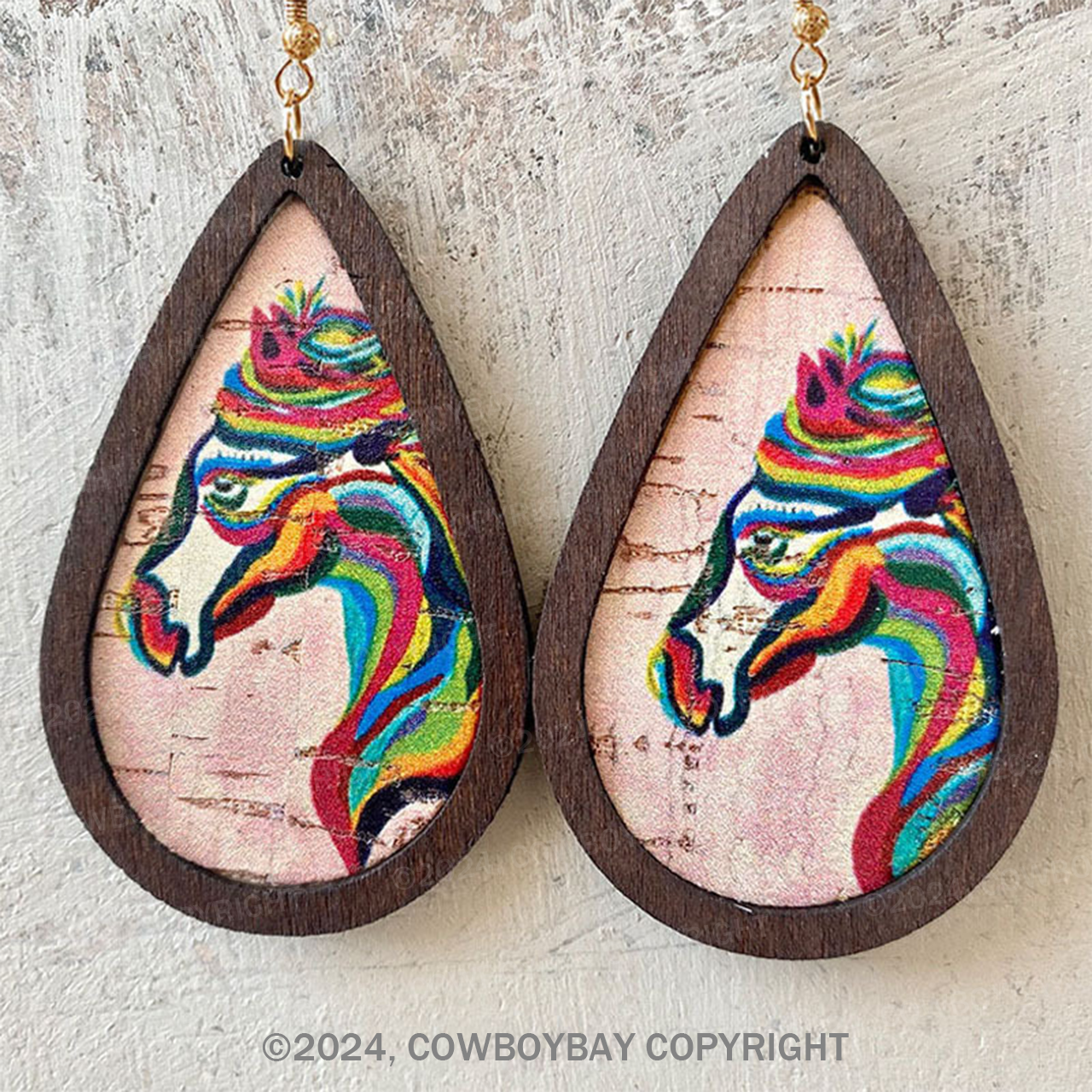 Horse Teardrop Wooden Earrings Print Pattern