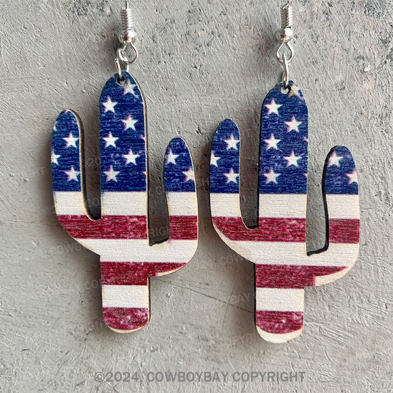 American Flag Cactus Wooden Western Earrings