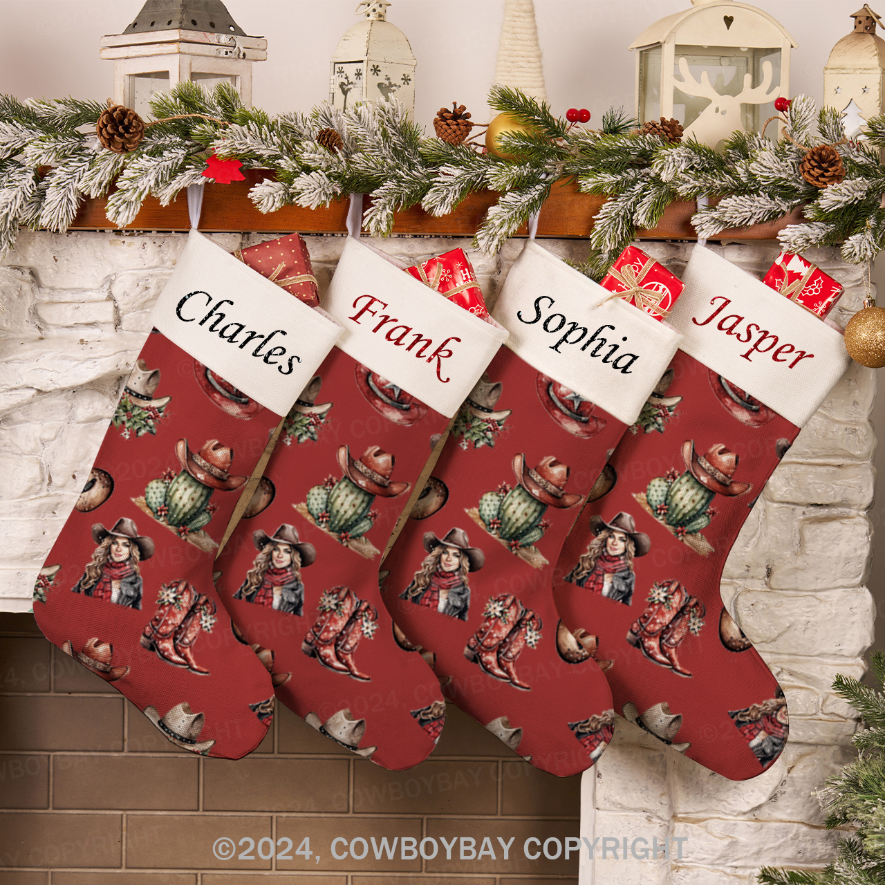 Personalized Name Cowgirl And Cactus Red Christmas Stocking