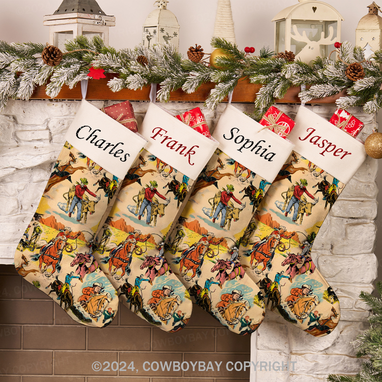Personalized Name Retro Western Cowboy Christmas Stocking