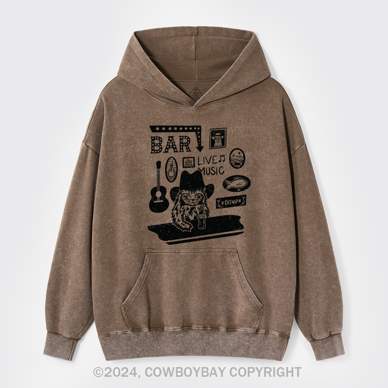 Cat with A Cowboy Hat In A Country Bar Garment-Dye Hoodies