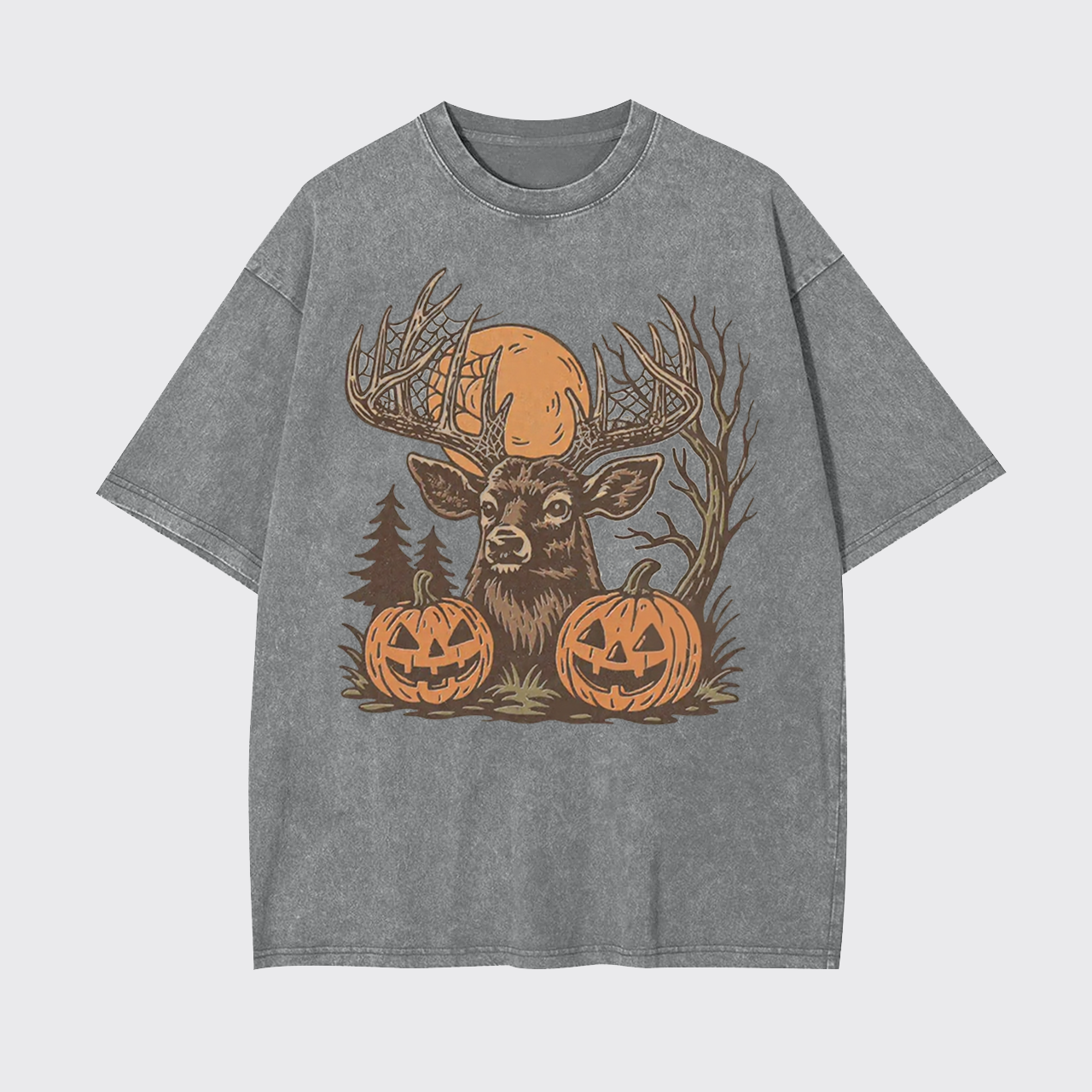 Spooky Forest Buck With Pumpkins Garment-dye Tees
