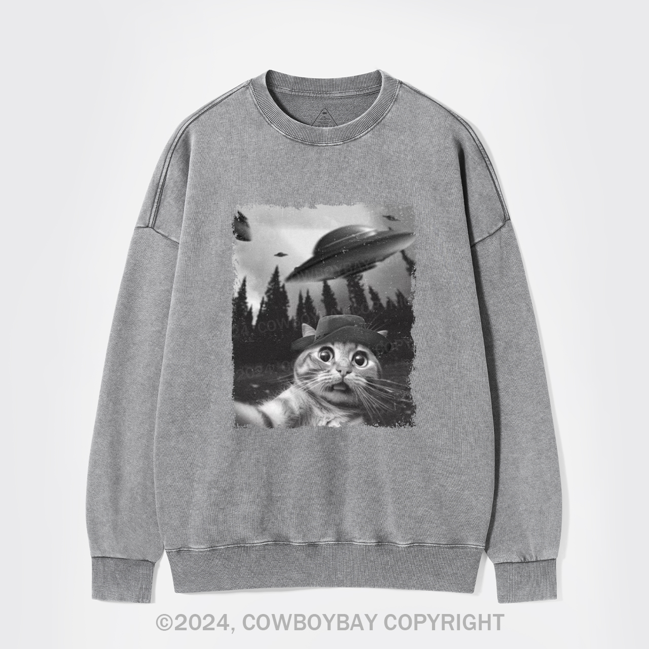 Funny Cat Selfie With UFOs Washed Sweatshirts