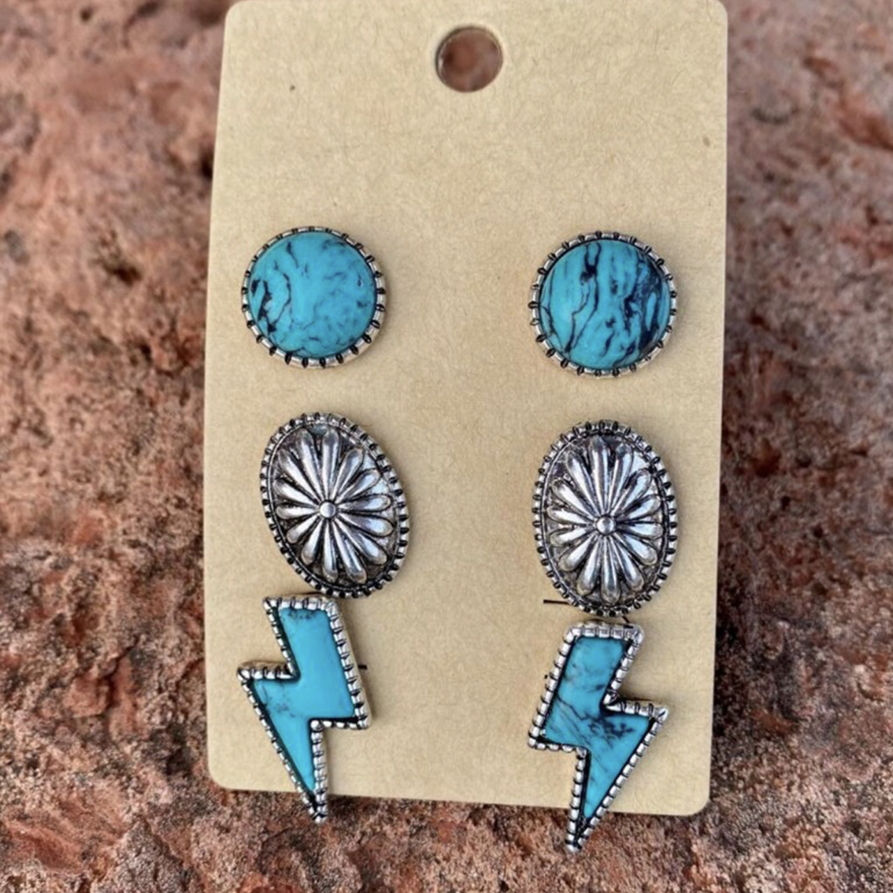 Bohemian Lightning Pumpkin Flower Turquoise Three-Piece Earring Set