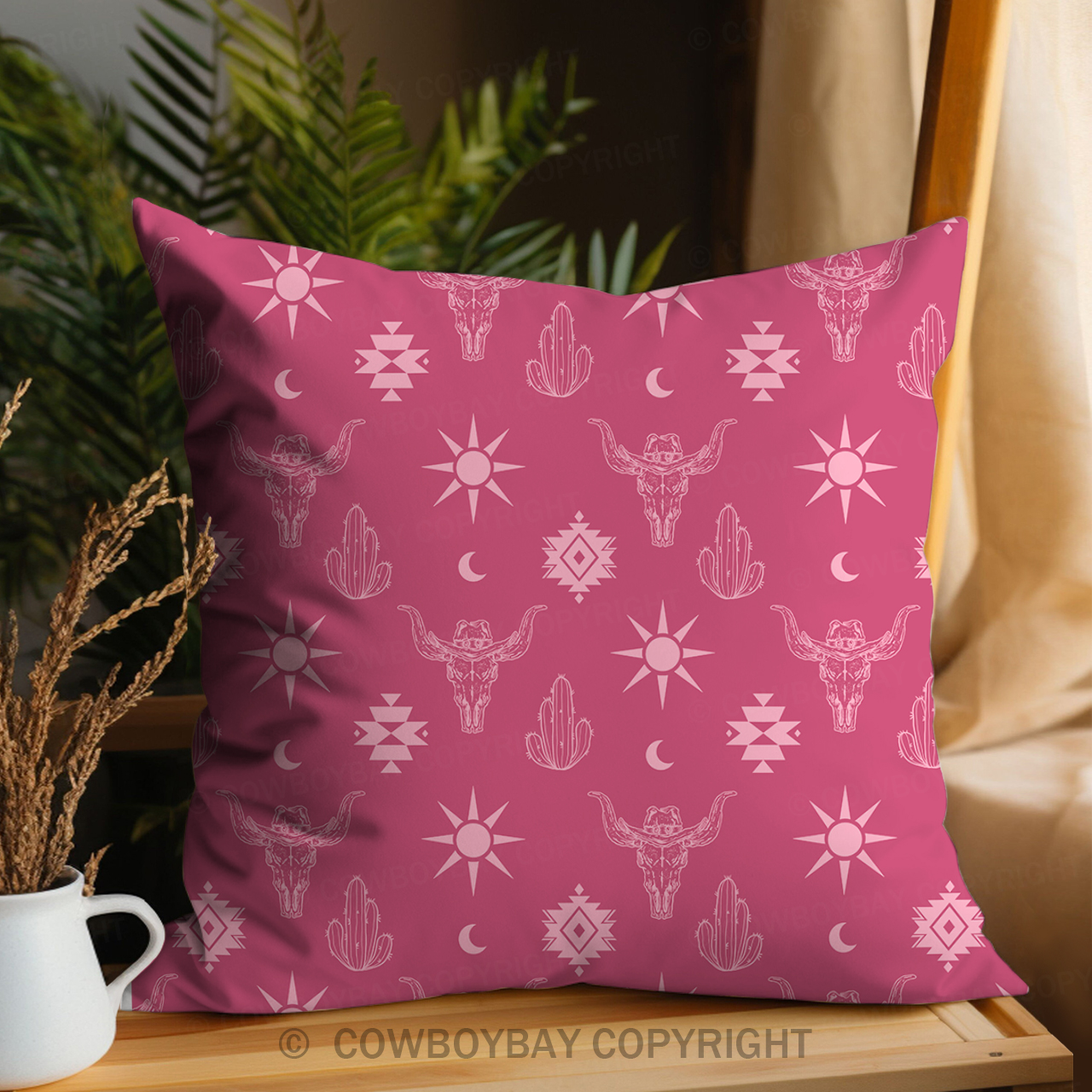 Bull Skull Pattern Pillow Cover_Pink