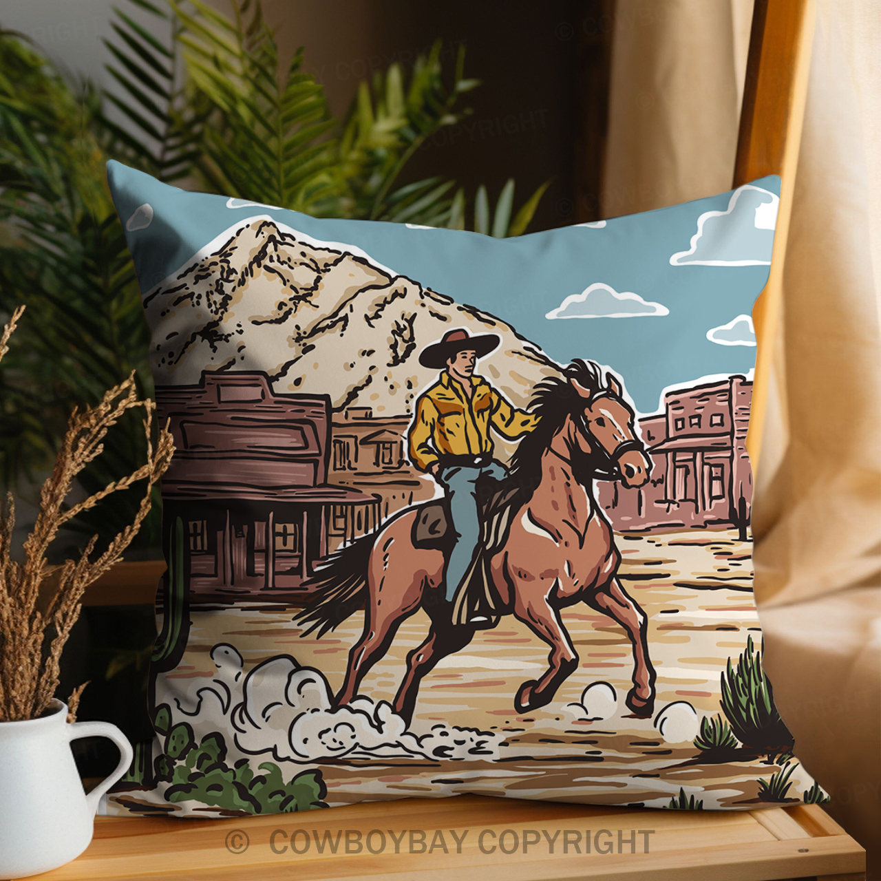 Cowboy Riding Across The Field Pillow Cover