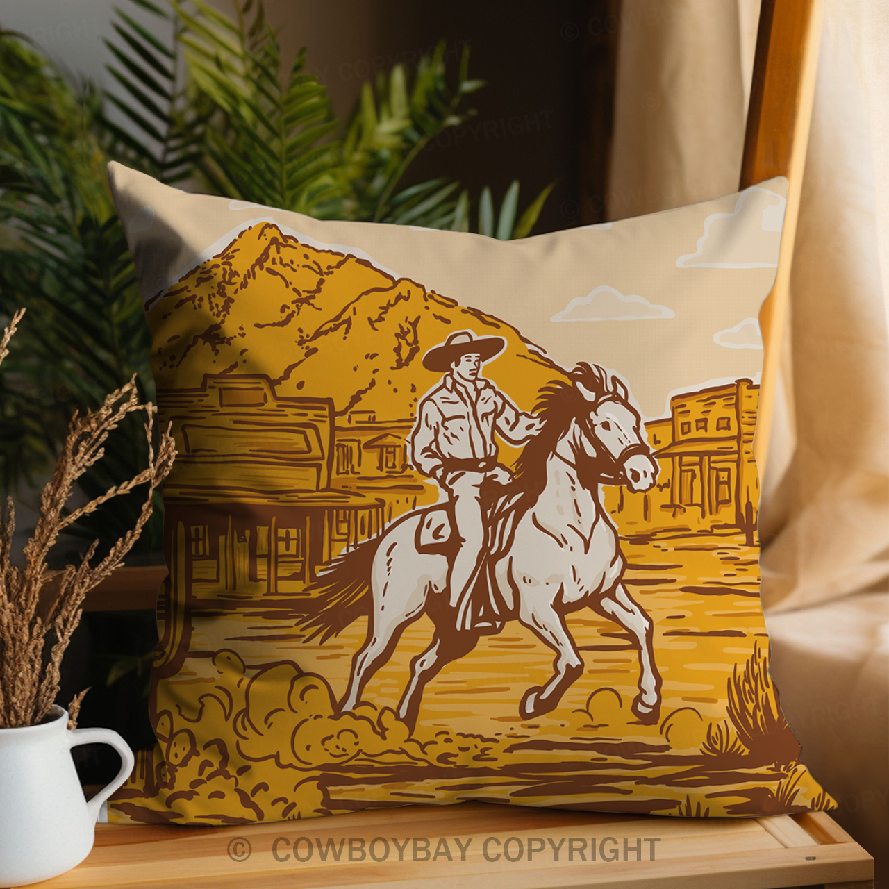 Cowboy Riding Across The Field Pillow Cover