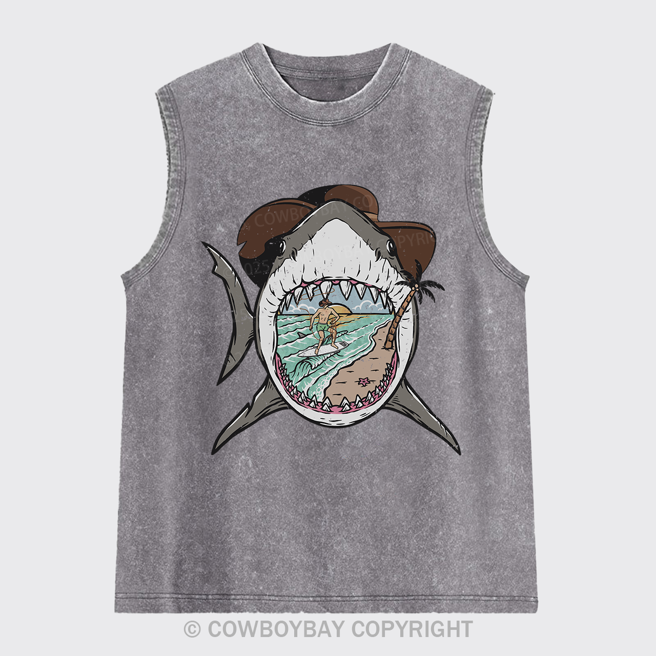 Surfing Shark Cowboy Washed Tanks