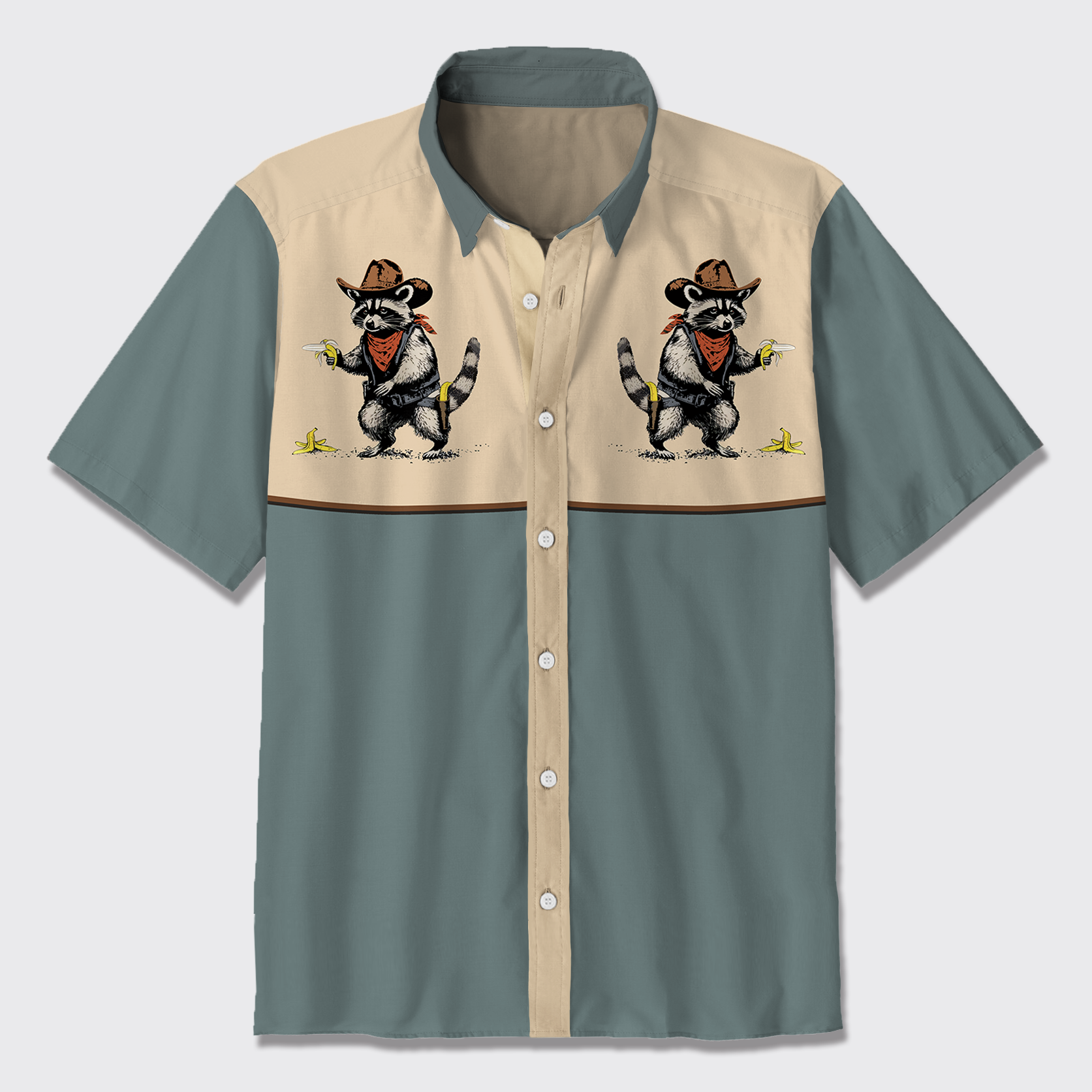 Banana Attack From A Cowboy Raccoon Button Up Shirts