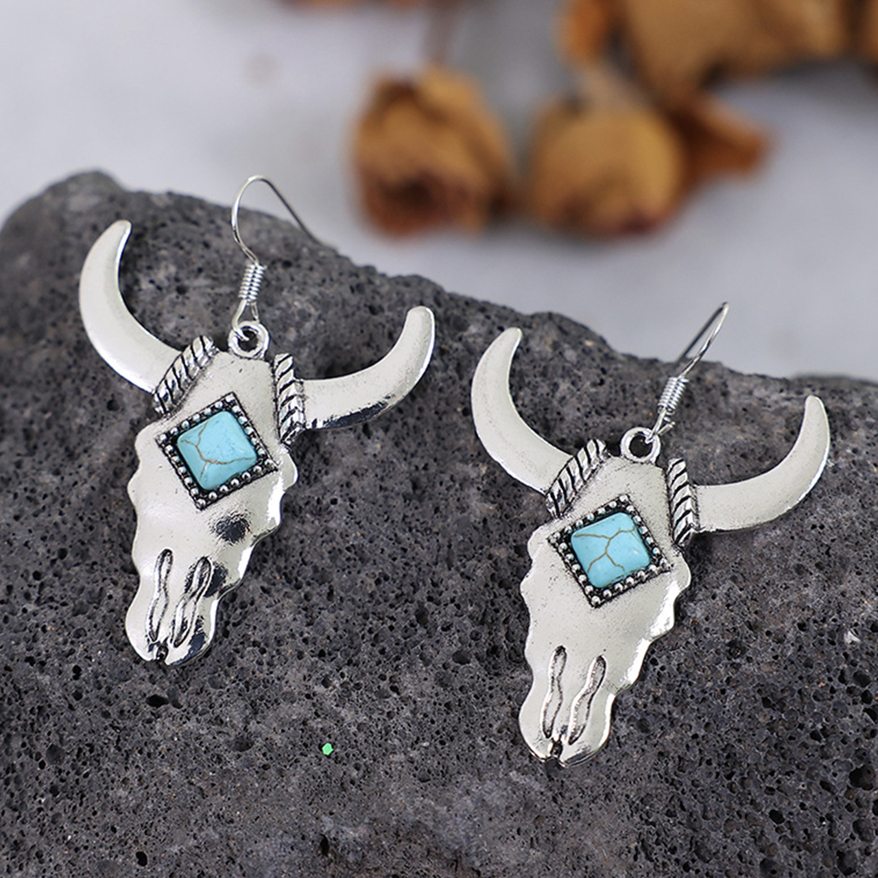 Western Style Cow Head Turquoise Earrings